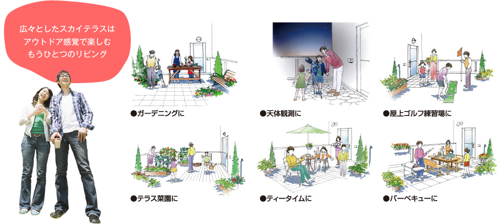 広々としたスカイテラスはアウトドア感覚で楽しむもうひとつのリビング